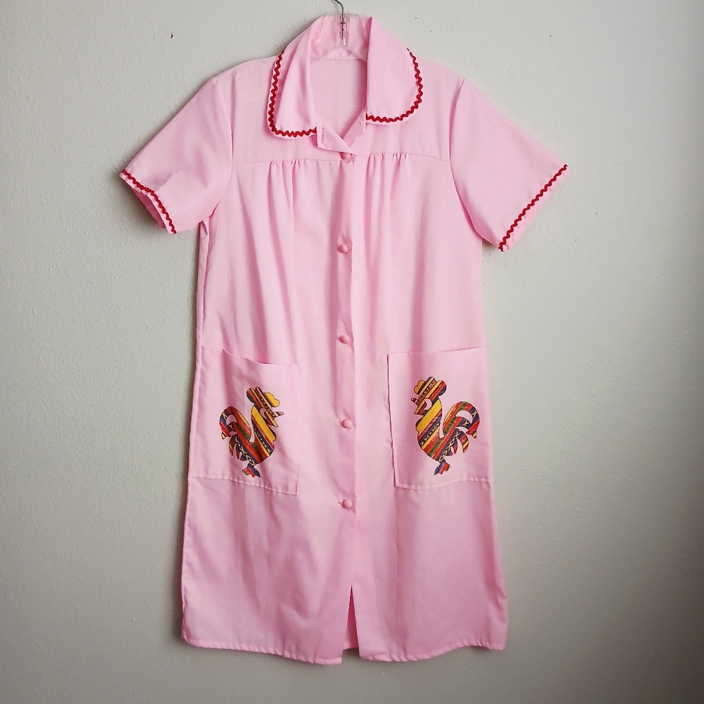 Vintage Housecoat Pink Rooster Pockets